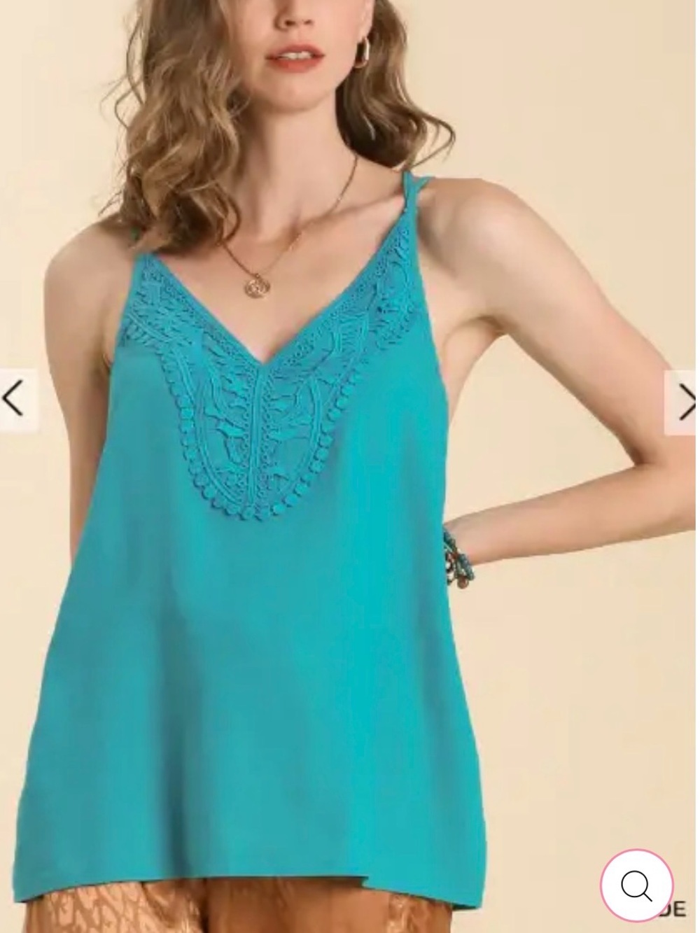 Umgee Teal Crochet-Trim Linen Casual Crisscross Camisole boutique - Picture 1 of 8